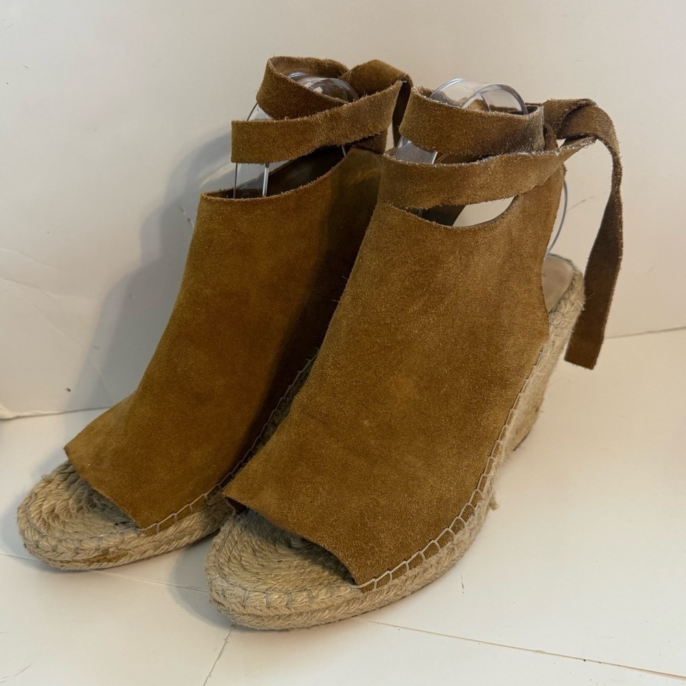 Loeffler Randall Lyra Ankle Tie Espadrille Wedge Sandals Camel Brown Shoes Sz 10